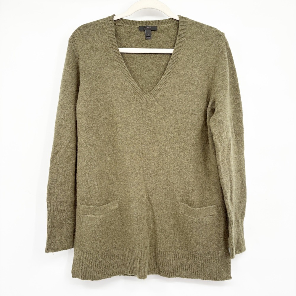 J. Crew Womens Merino Wool Alpaca Blend Olive Green V-Neck Pocket Sweater Size S